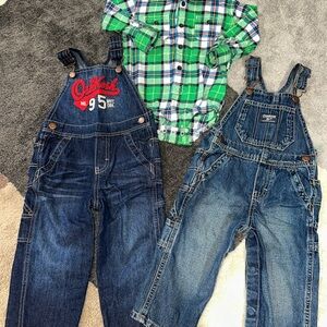 OshKosh B'gosh Dark and Light Blue Denim Overalls and Flannel